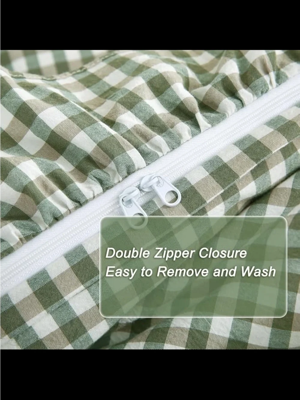 NWOT Silnuo Sage Green/White 100% Cotton Gingham Plaid Ruffle Duvet Cover. Queen